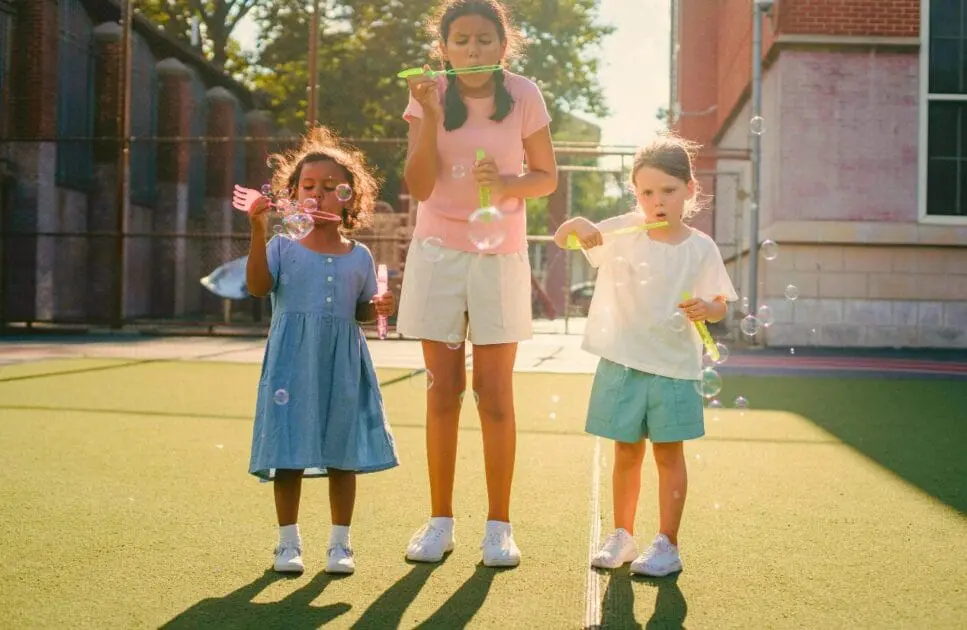 Three children joyfully playing with bubbles on a tennis court. Counselling Brisbane. Naturopath for Children. Brisbane Livewell Clinic