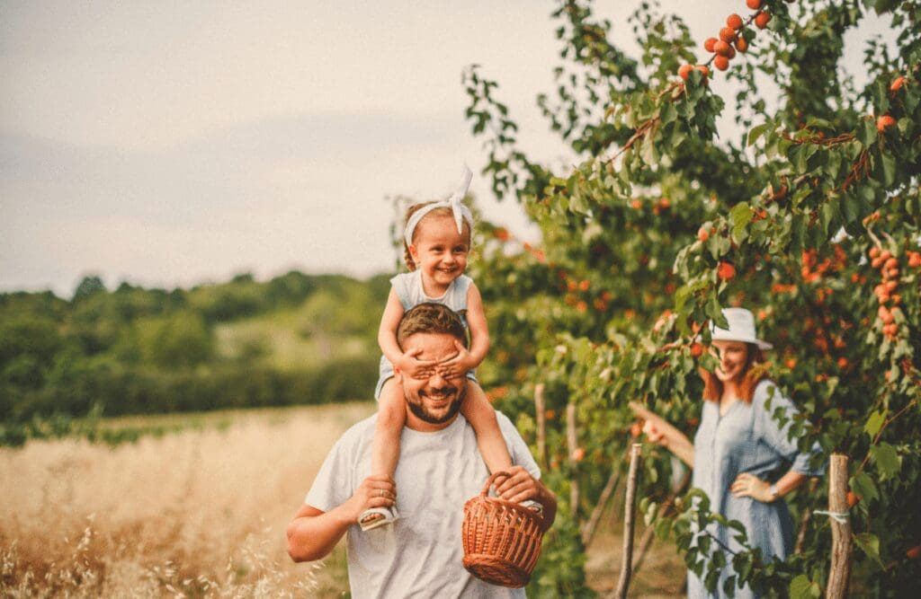 Child covers her dad's eyes while harvesting peaches. Hypnosis Therapy in Melbourne. Brisbane Livewell Clinic