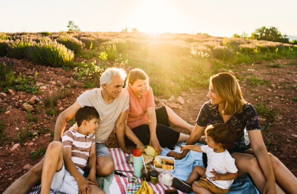 Family sitting on a blanket on an outdoor picnic. Clinical Hypnotherapy East Brisbane. Holistic Counselling Brisbane. Brisbane Livewell Clinic