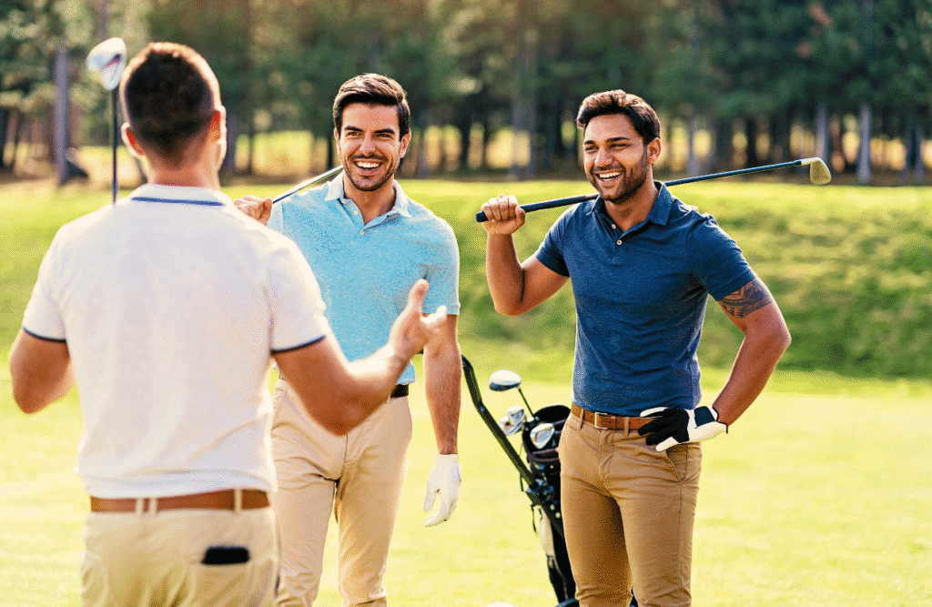 Male friends playing golf together. Men's Health Supplements. Elbow Discomfort Osteopath. Brisbane Livewell Clinic